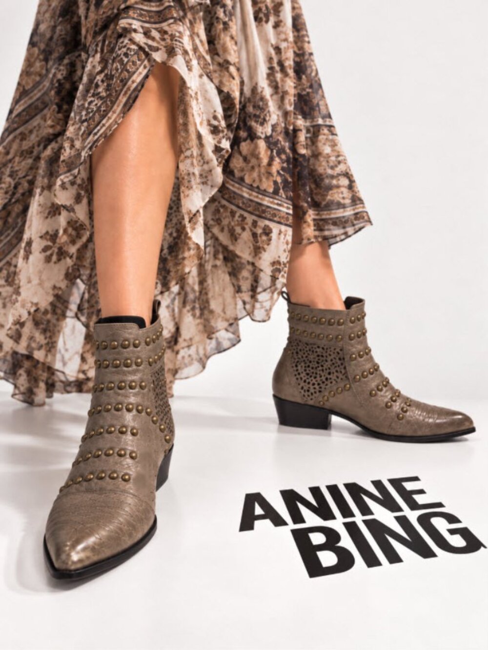 Anine Bing Charlie Studded Laser-Cut Ankle Boots Metallic Taupe EU 40